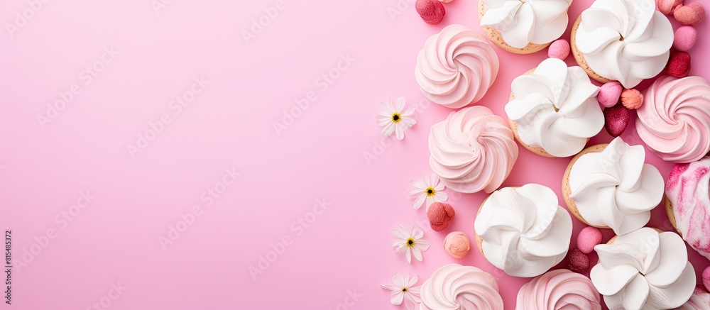 Poster a flat lay style image featuring homemade mini meringues in vibrant colors set against a pink backgr