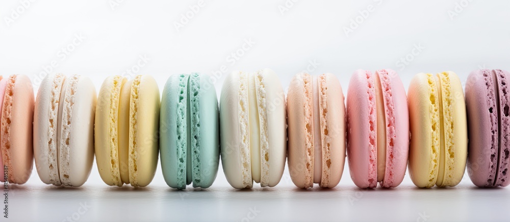 Poster A colorful array of pastel almond cookies known as macarons is placed on a light background with ample space for additional images or text