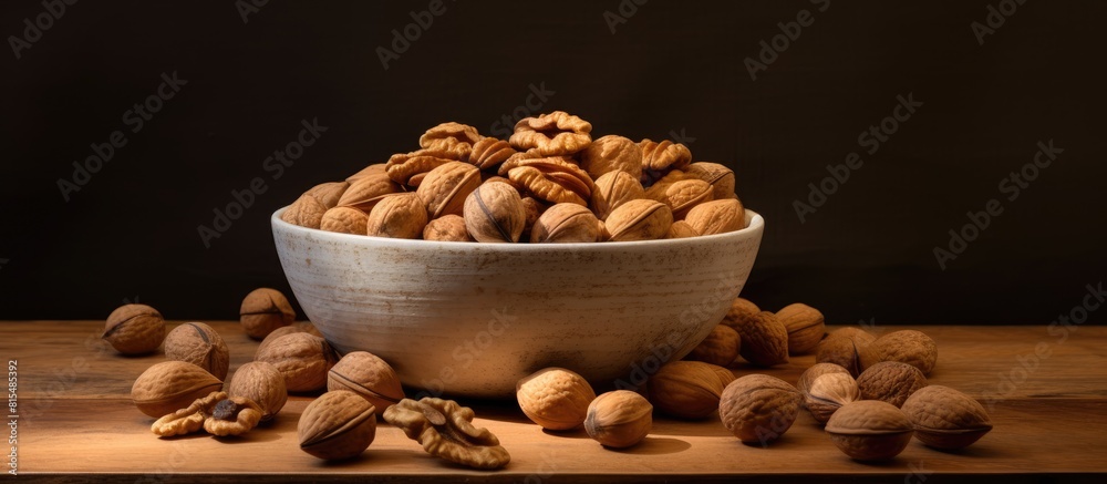 Poster A bowl containing a mixture of walnuts and peanuts with plenty of space for a copy space image