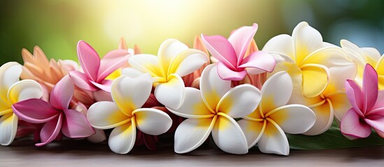 A colorful mix of Frangipani flowers in pink white and yellow also known as Plumeria are set against a blurred background of fresh green leaves enhancing the spa and relaxation concept of this copy s