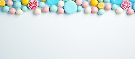 A candy frame creates a background with room for text or images This flat lay view from above features pastel turquoise candies. Creative banner. Copyspace image