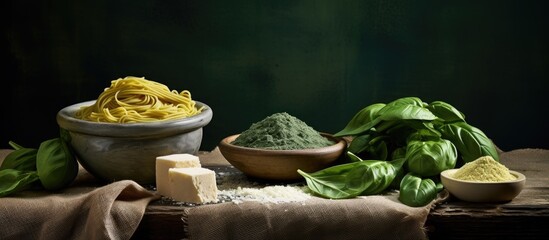 Ingredients for uncooked tagliatelle pasta include grounded spinach powder and whole wheat flour A visually appealing copy space image can be created showcasing these ingredients