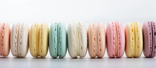 A colorful array of pastel almond cookies known as macarons is placed on a light background with ample space for additional images or text