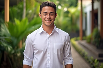 Fototapeta premium Portrait of handsome young man smiling at the camera while standing outdoors