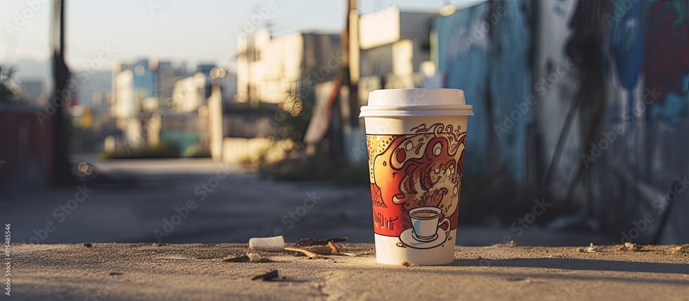 Aufkleber there is a copy space image of a paper cup of coffee with a word on a paper sticker in the street