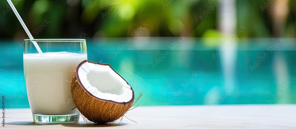 Poster A tropical setting with a refreshing glass of coconut juice and a straw perfect by the pool for relaxation and enjoyment copy space image