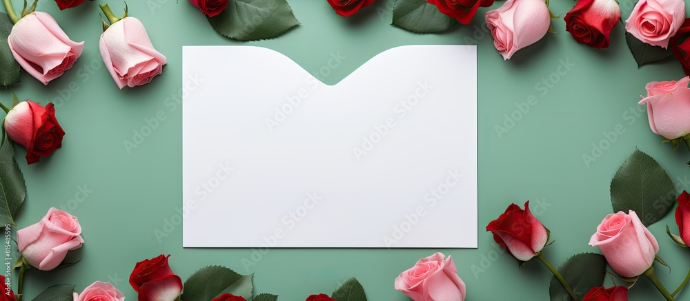 Fototapete Top view of a green background adorned with blooming pink roses featuring an empty white paper sheet and a red heart creating an ideal copy space image