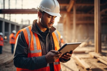 Engineer wearing hat and safety suit and digital tablet at construction building site