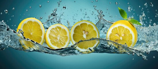 A refreshing concept of lemon slices splashing in water captured in a copy space image