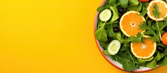 Top view of a fresh salad with fruits and greens displayed on an orange background This copy space image promotes the healthy food and eat clean concept