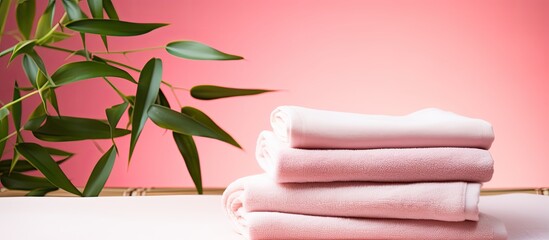 Eco still life featuring a bamboo fiber towel set against a natural backdrop of bamboo leaves and branches with a pink background providing a copy space image