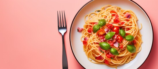 Delicious pasta dish with a fork fresh tomato and basil on a pink background providing ample space for text