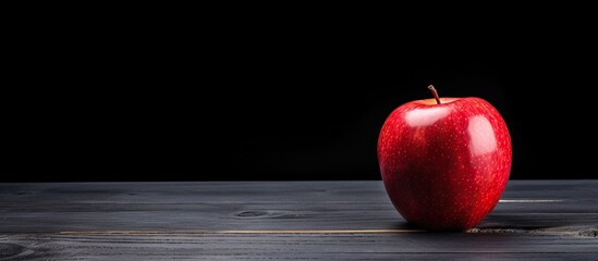 A vibrant red apple resting on a black wooden table with plenty of copy space in the image
