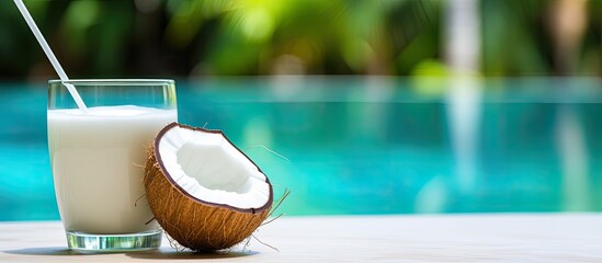 A tropical setting with a refreshing glass of coconut juice and a straw perfect by the pool for relaxation and enjoyment copy space image