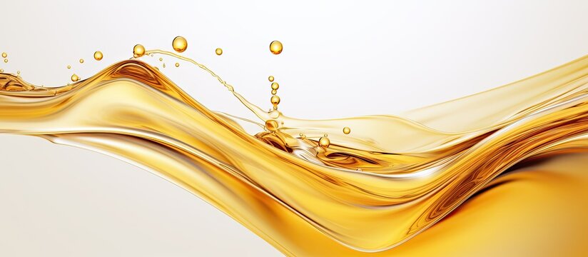 A stunning image of glistening golden oil with captivating ripples and sparkling bubbles that is set against a clean white background perfect for copy space