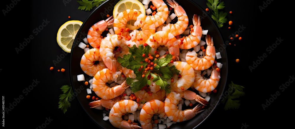Poster top view of a mouthwatering seafood snack consisting of shrimp paired with tangy lemon slices and wh