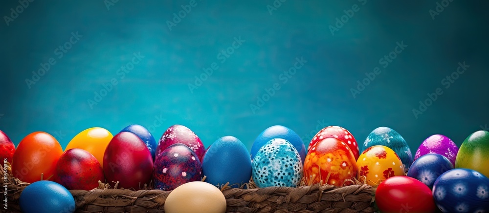 Poster colorful easter eggs in a woven basket on a colored background portraying a holiday concept with amp