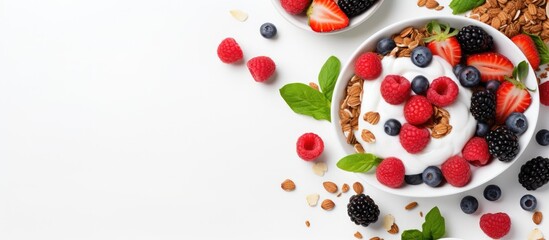 An overhead shot of a healthy breakfast consisting of homemade granola topped with yogurt and fresh berries presented in a flat lay style with plenty of negative space for text or other elements