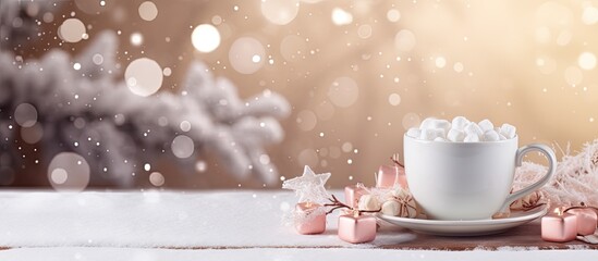 A warm cup of cocoa with marshmallows sits on a winter themed Christmas table creating a cozy and inviting atmosphere The scene is perfect for a copy space image