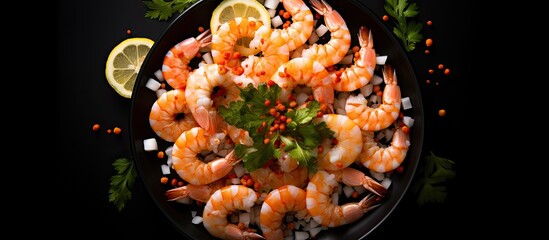Top view of a mouthwatering seafood snack consisting of shrimp paired with tangy lemon slices and white pebbles beautifully presented on a black background with copy space for a captivating image tha