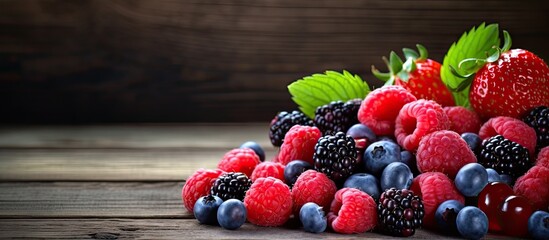 A rustic wooden background serves as the backdrop for a charming arrangement of fresh berries including blueberries and raspberries creating a visually appealing copy space image