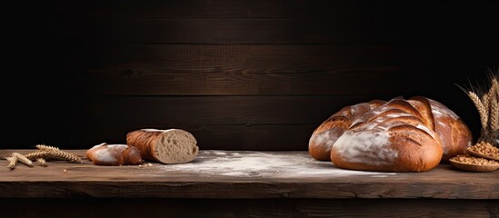 A copy space image of bread displayed on a wooden table at a bakery