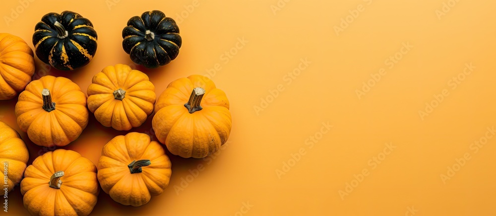 Poster Top view of pumpkins on a yellow background creating a festive autumn atmosphere This flat lay image is perfect for emphasizing the essence of Halloween and Thanksgiving with ample copy space availab