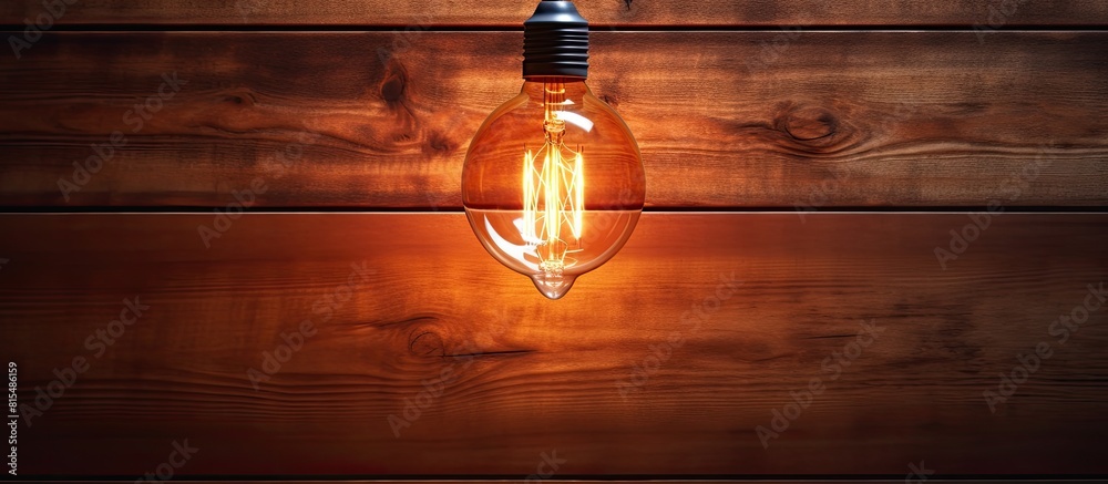 Poster a vintage colored light bulb glows on a wooden plank in a silhouette background with a bottom view p