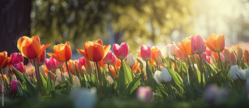Poster a colorful spring scene with blooming tulips adorning a garden perfect for a copy space image