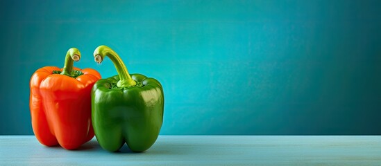 A colorful sweet pepper and paprika lie on a vibrant green table with a blue background providing a perfect copy space image