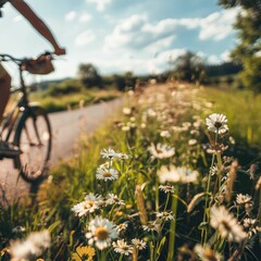 Fototapeta premium Riding a bicycle through a field of daisies, with the sun shining in the sky and fluffy clouds overhead, feeling the gentle breeze and admiring the beauty of nature AIG50