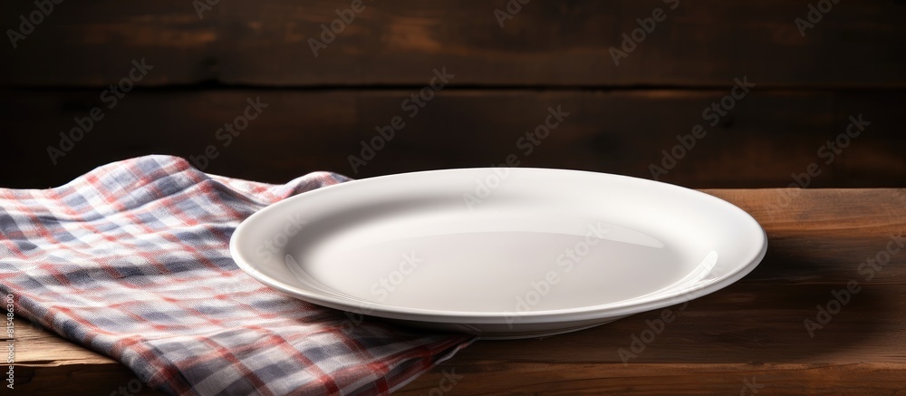 Poster copy space image of a white plate resting on a striped napkin on the backdrop of an aged wooden tabl
