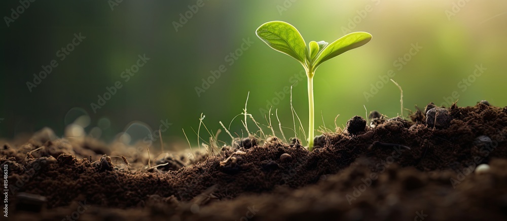 Poster a green sprout emerging from a seed planted in nutrient rich organic soil with a pleasant copy space