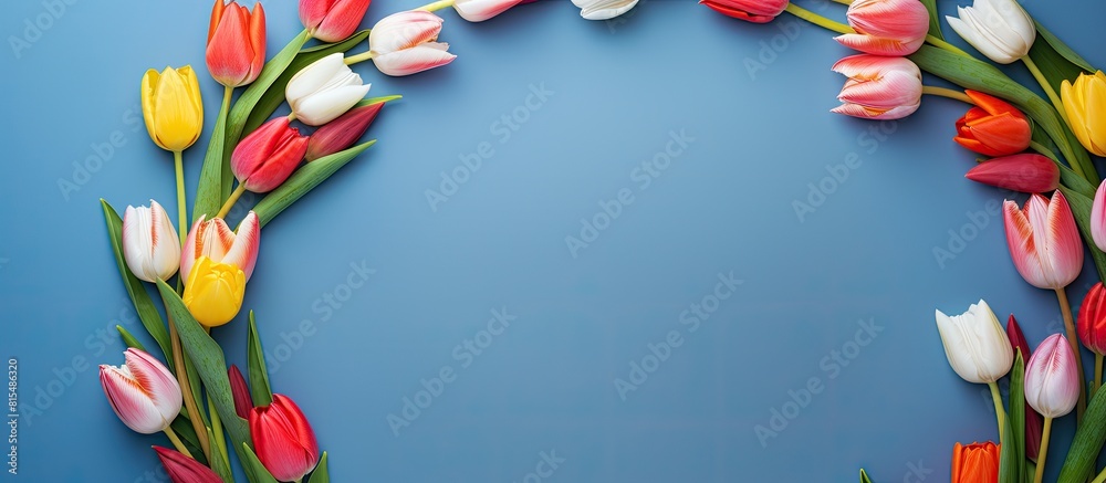 Fototapete A multi colored copy space image featuring a round frame of spring tulips in various vibrant shades of red pink white and yellow set against a blue background