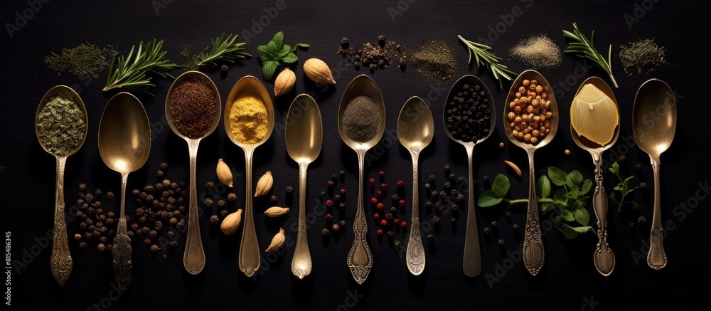 Poster toned copy space image of aged metal spoons arranged with herbs and spices on a dark background