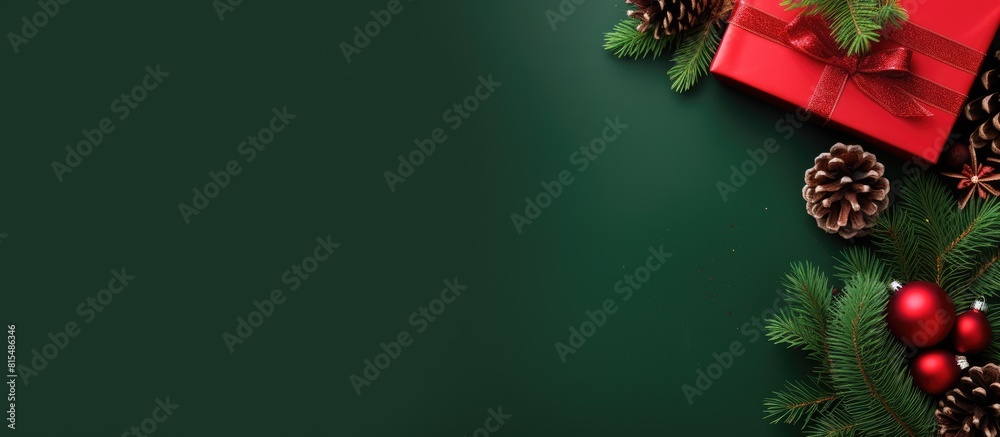 Poster Top view of a Christmas themed copy space image featuring a festive red background adorned with a green gift box a red sock spruce branches pine cones red berries and a bell