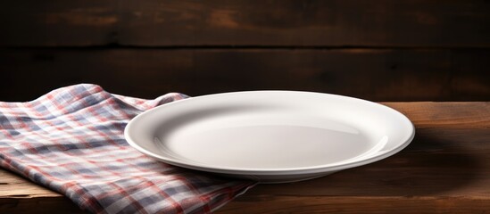 Copy space image of a white plate resting on a striped napkin on the backdrop of an aged wooden table