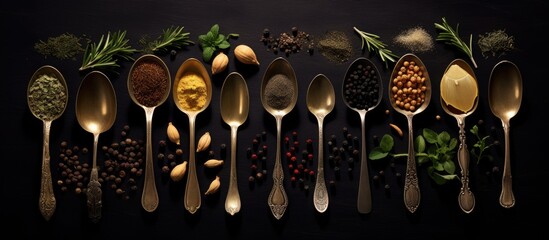 Toned copy space image of aged metal spoons arranged with herbs and spices on a dark background