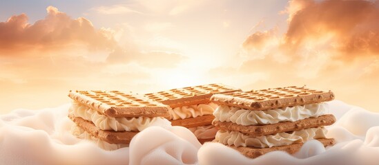 Soft light illuminates the waffle ice cream sandwiches creating a mesmerizing copy space image
