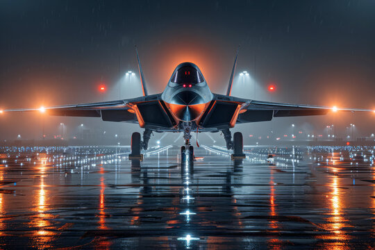 A military fighter jet is parked on a wet tarmac at night, with runway lights illuminating the powerful aircraft, ready for takeoff