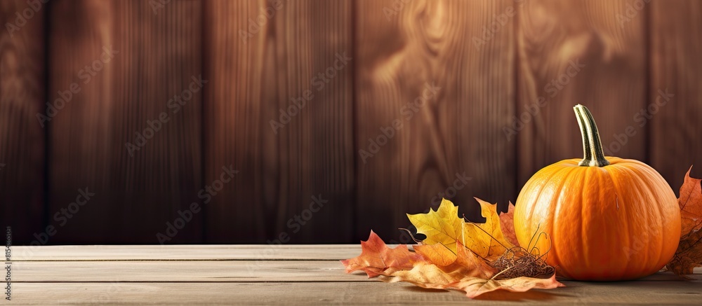 Poster autumn themed pumpkin with maple leaves placed on a wooden table creating a captivating background f