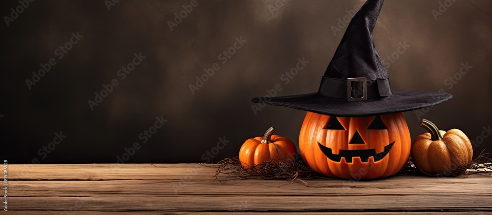 Poster A wooden surface features a Halloween pumpkin jack o lantern adorned with a witch hat creating a visually appealing image with plenty of copy space