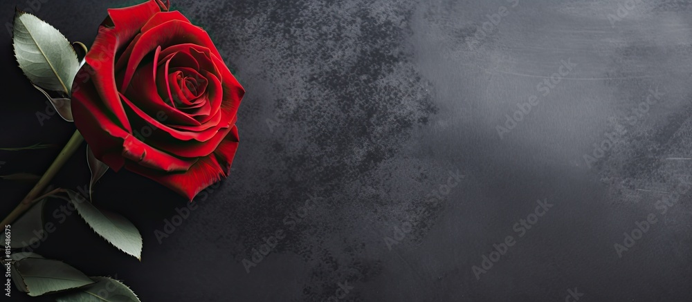 Poster A single red rose rests on a table with a black or gray background creating a captivating flat lay image from a top down perspective with space for text or other elements. Creative banner