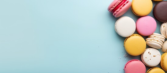 A visually appealing shot of multicolored macaroons and a white coffee cup on a blue backdrop captured from a top down perspective with empty space for text The dessert features a range of flavors in