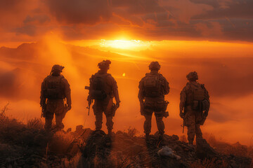 Three soldiers stand vigilantly at a remote outpost in enemy territory, silhouetted against a dramatic sunset