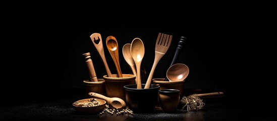A copy space image featuring wooden cooking tools placed on a black background creating a toned effect
