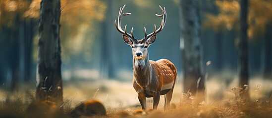 A large brown deer stands in its natural environment with a blurred backdrop providing ample space for copy - Powered by Adobe