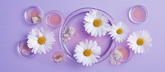 Obraz premium A violet background sets the stage for a flat lay composition featuring Petri dishes and chamomile flowers leaving room for text. Creative banner. Copyspace image