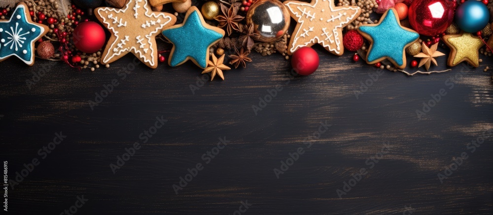 Aufkleber colorful christmas decorations and cookies arranged in a festive frame on a background leaving empty