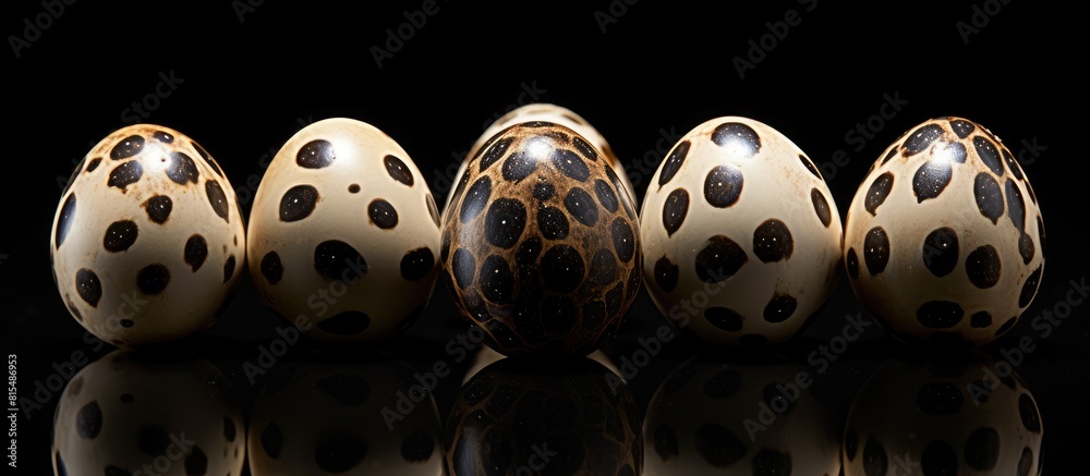 Poster Closeup image of eight quail eggs arranged in a flower shape against a black background providing ample copy space